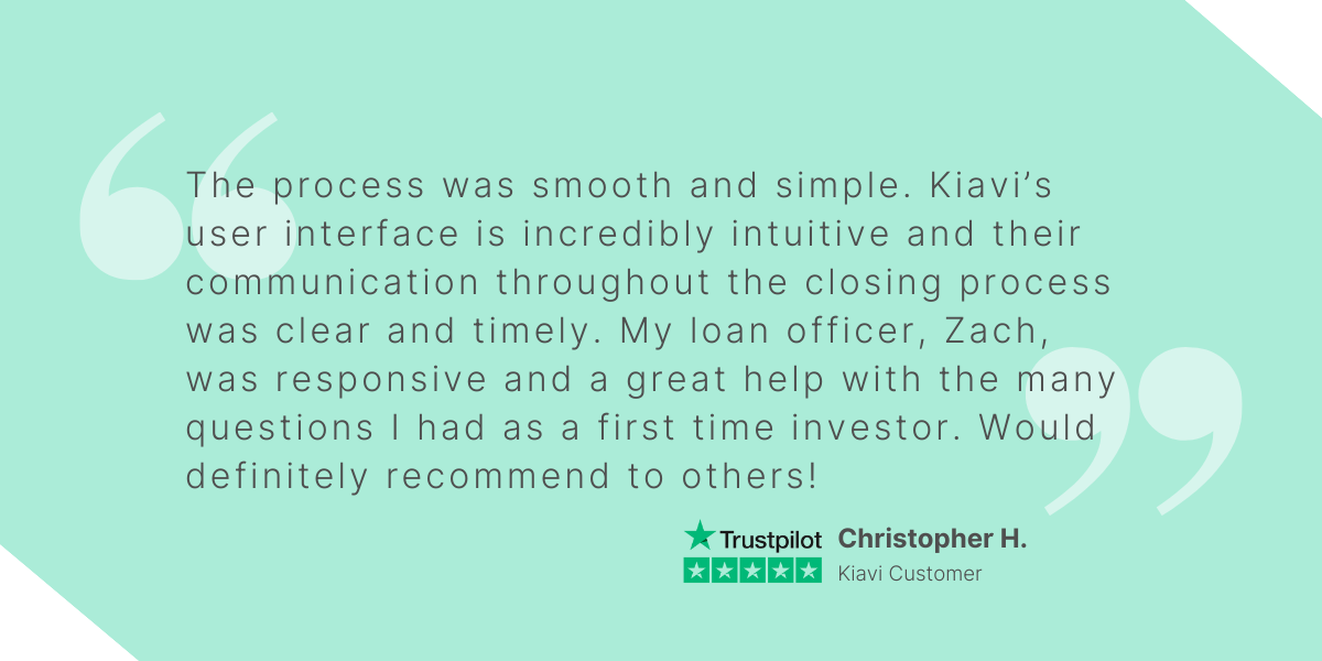 Testimonial from Kiavi customer Christopher H. praising a smooth loan process and excellent service from his loan officer.