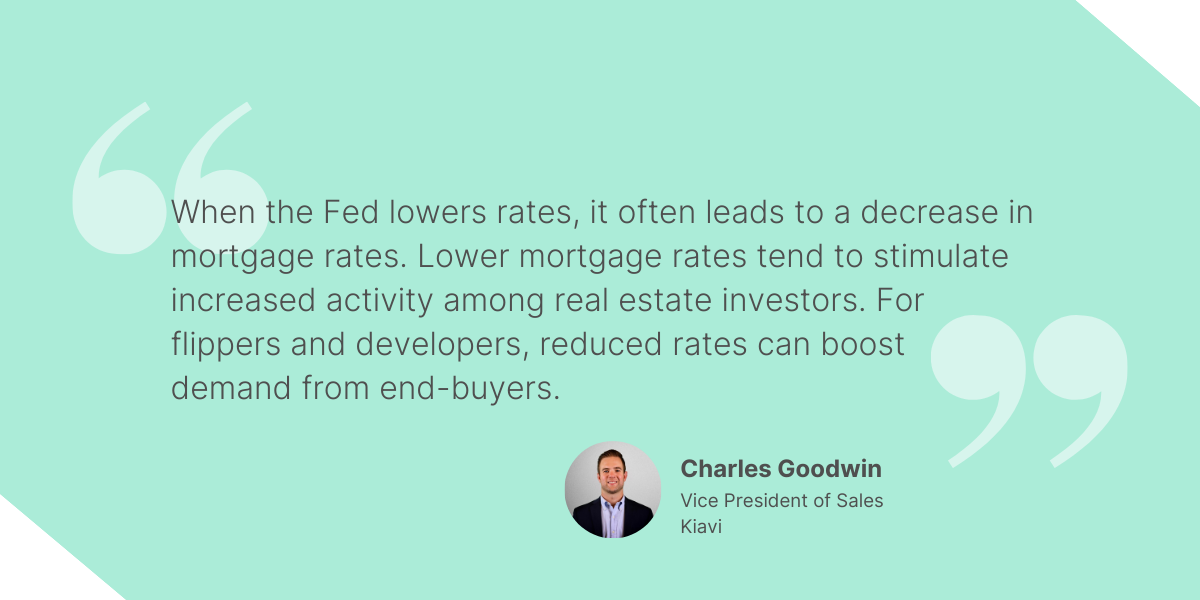 Quote from Charles Goodwin, Vice President of Sales at Kiavi, explaining the impact of Federal Reserve rate cuts on real estate investors and mortgage rates.