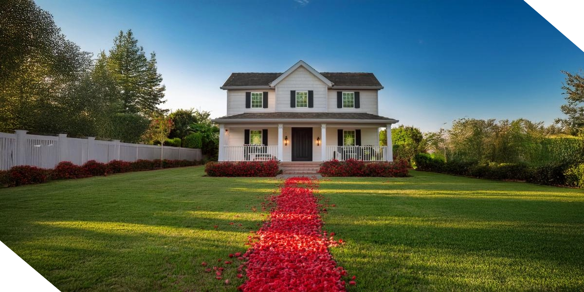 Updated home exterior with fresh landscaping, a welcoming porch, and a rose-petal-lined path for a strong first impression.