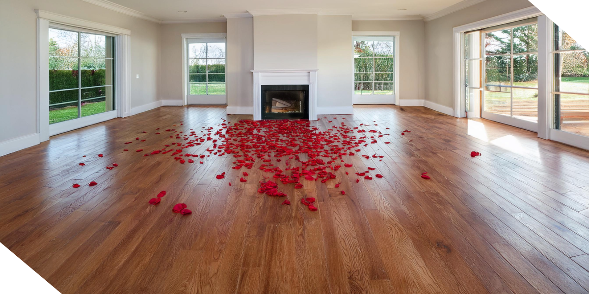 Spacious living room featuring newly installed hardwood floors, accented with scattered rose petals.