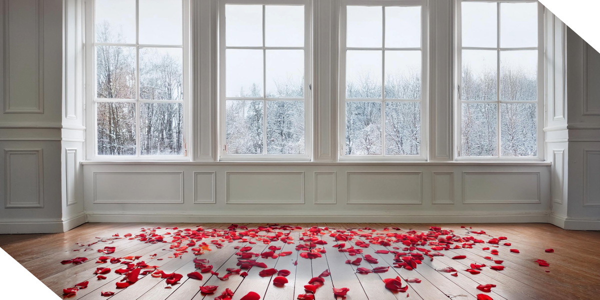 Bright living space with newly installed energy-efficient windows, hardwood floors, and rose petals adding warmth.