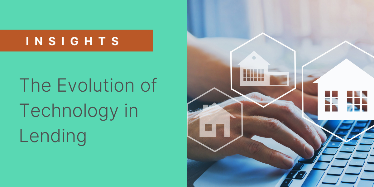  Insights banner displaying the evolution of technology in lending, with an image of hands typing on a laptop and icons of houses representing digital property management.